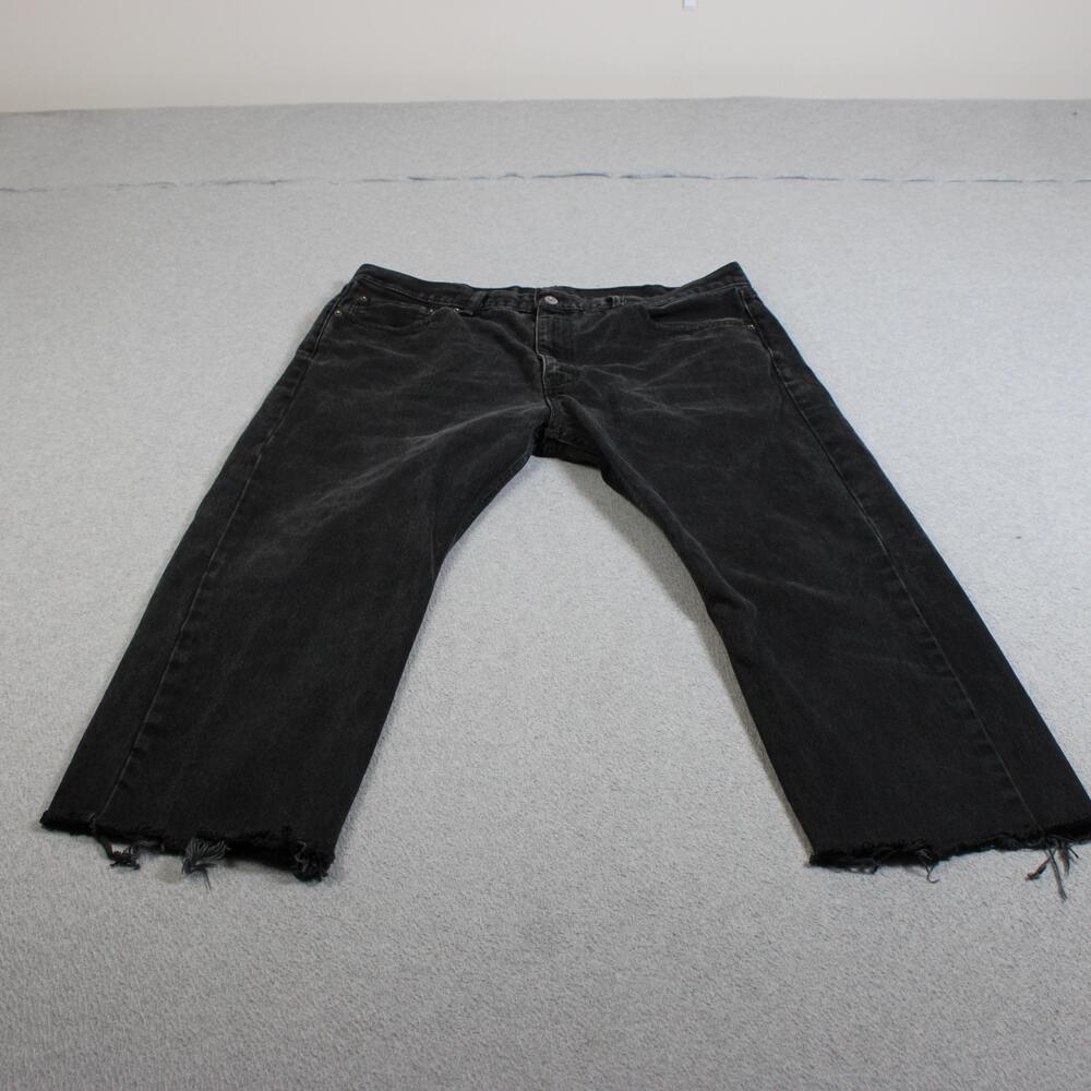 Levis 505 Jeans Women 40x29 Black Charcoal Denim Straight Leg Raw Hem Distressed